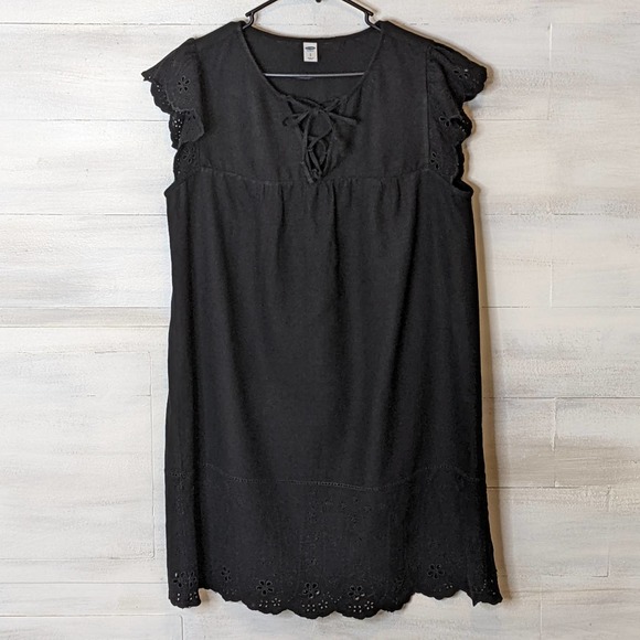 Old Navy Black Linen Mix Dress with Eyelet Cap Sleeves Size L - Picture 1 of 5